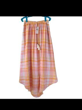 American Eagle Skirt XS Plaid Pastel A-line Midi Elastic Waist Tassel Boho Linen